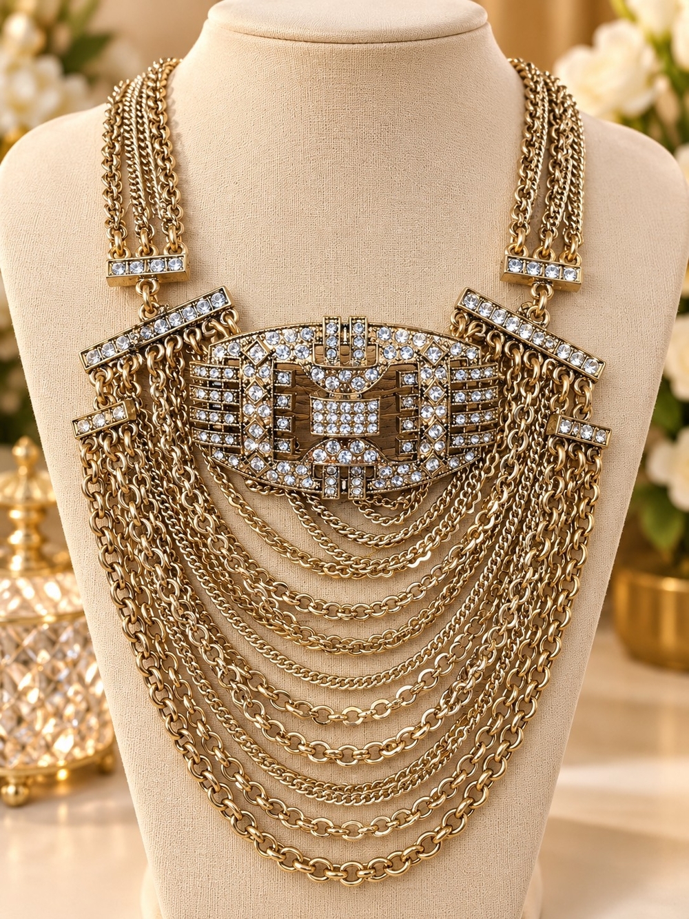 Gold Crystal Multi-Strand Statement Necklace 171